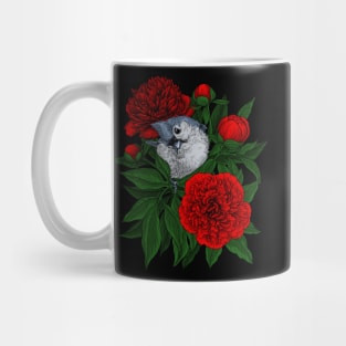 Bird on a red peony bouquet Mug